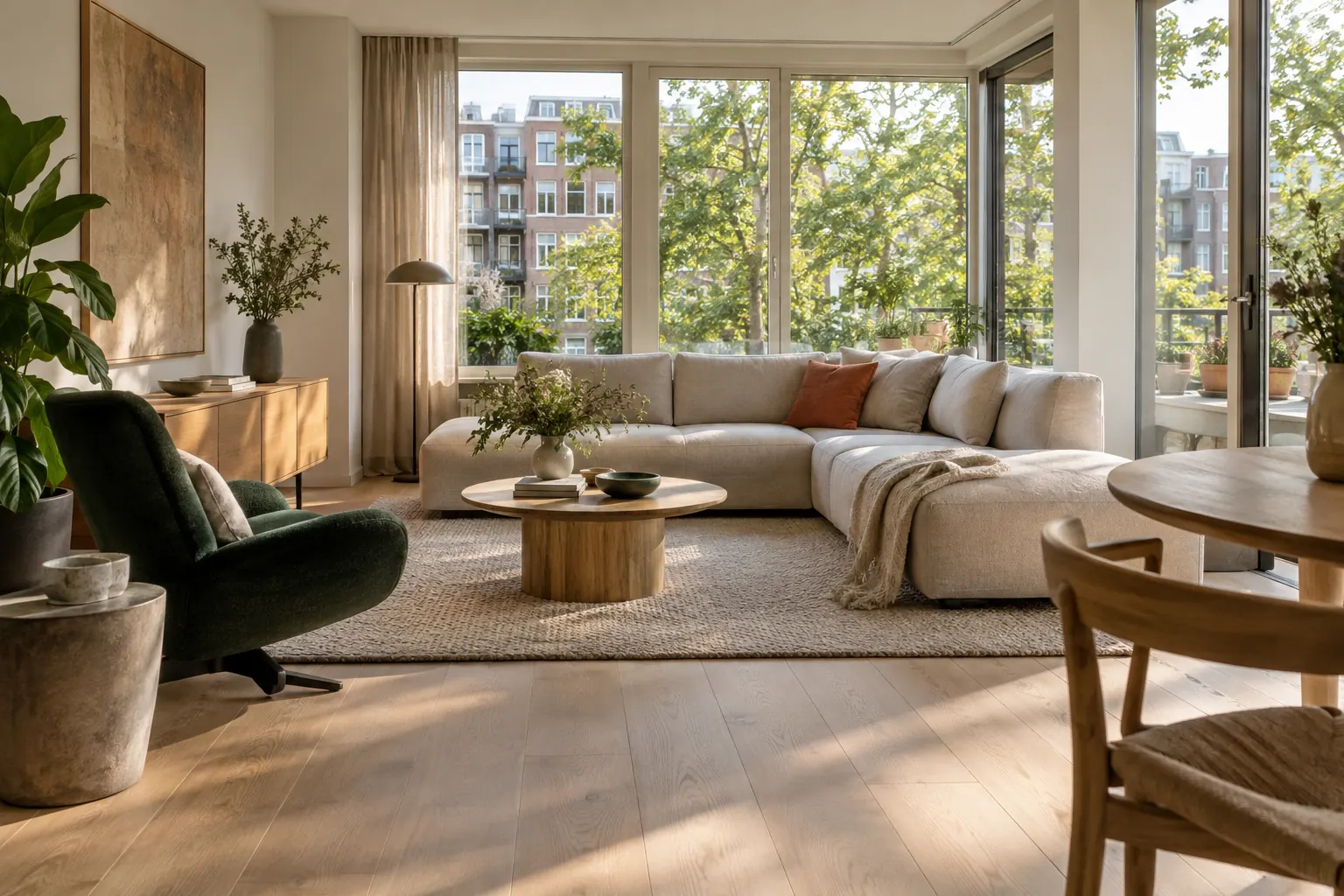 Lichte, comfortabele woonkamer met uitzicht op groen