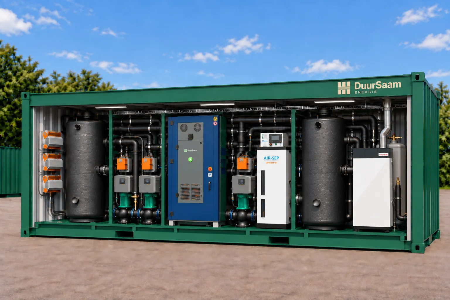 Groene DuurSaam Energie container met warmtepomp, buffervaten en een HVO100-ketel met rookgasafvoer