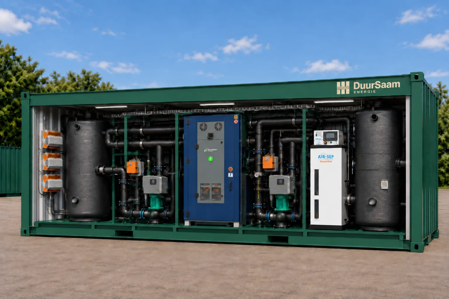 Groene DuurSaam Energie container met warmtepomp, buffervaten, leidingwerk en pompen